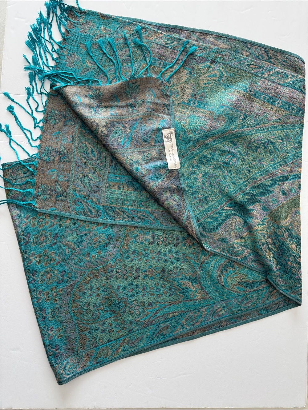 Pashmina Silk Blend Paisley Wrap Shawl Teal Fringe